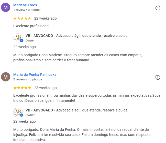 Print de depoimentos do Google - clientes do escritório